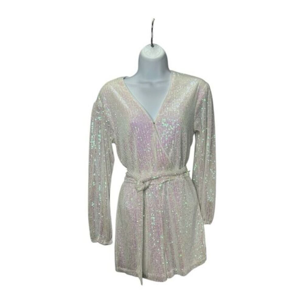 Crystal Sky White Sequin Iridescent Long Sleeve Romper Sz Small
